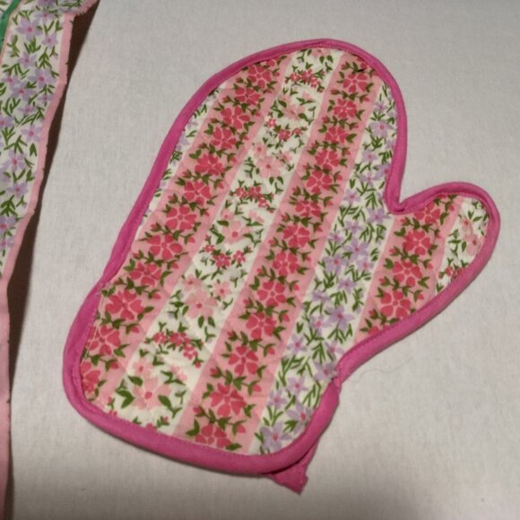 Vintage Homemade Kitchen Half Apron And Oven Mitt Pink Green Floral - Picture 5 of 15
